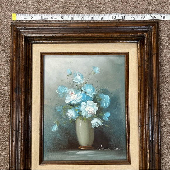 Robert Cox Signed Oil Painting Roses Floral Vase Framed Vintage Blue 8x10 Framed - Picture 7 of 9